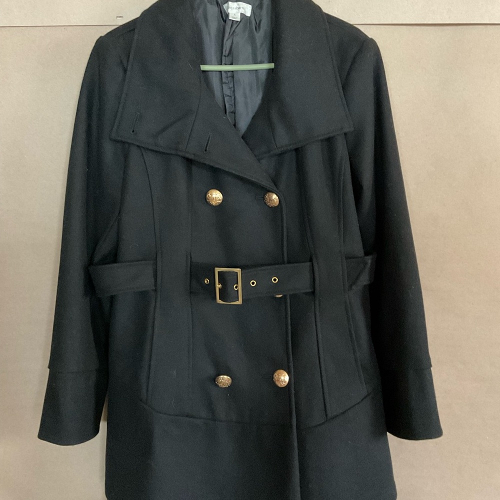 Dressbarn Black Pea Coat with Gold Accents. Wool blend. Belted. XL
